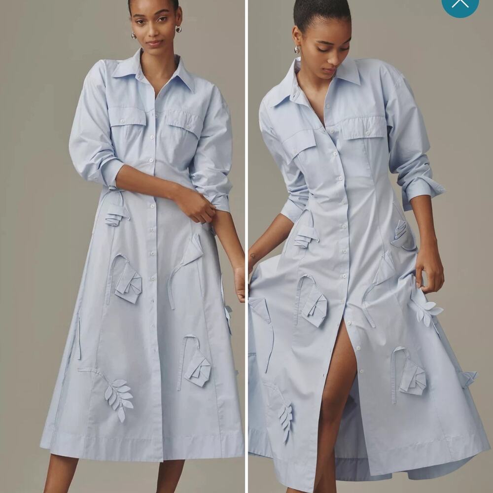 ✨Maeve Anthropologie Blue Floral 3D Applique Cotton Midi Shirt Dress XXSP